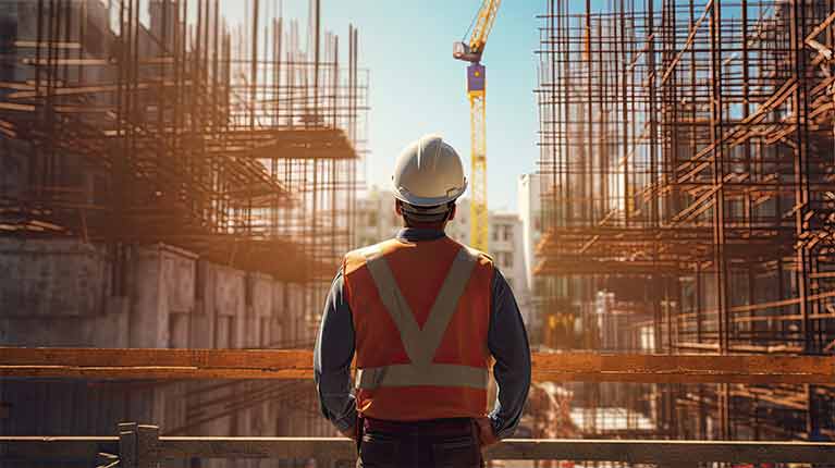 a construction project manager wearing a hardhat overlooking a building site