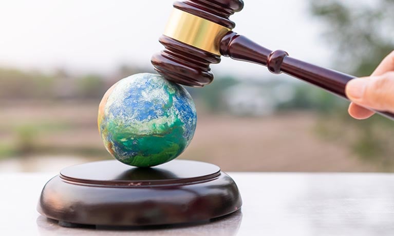 Courtroom hammer, gavel and globe.