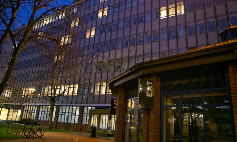 Charles Ward building at Coventry University campus at night