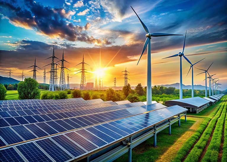 AI Generated image of a solar panel and wind turbines representing green energy