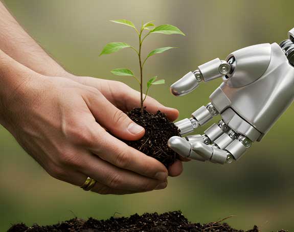 human and robot hand holding a plant representing sustainable artificial intelligence 