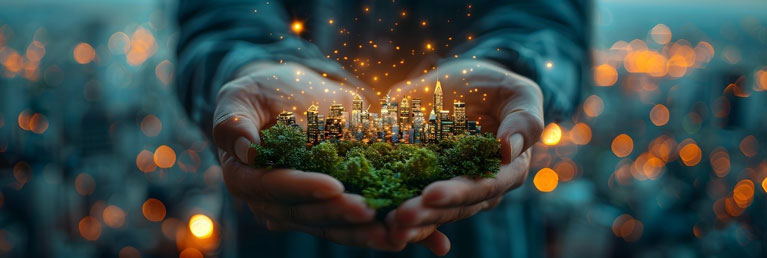 an artistic picture representing better future by showing hands which hold a brigher and green city with city lights that are turning into stars