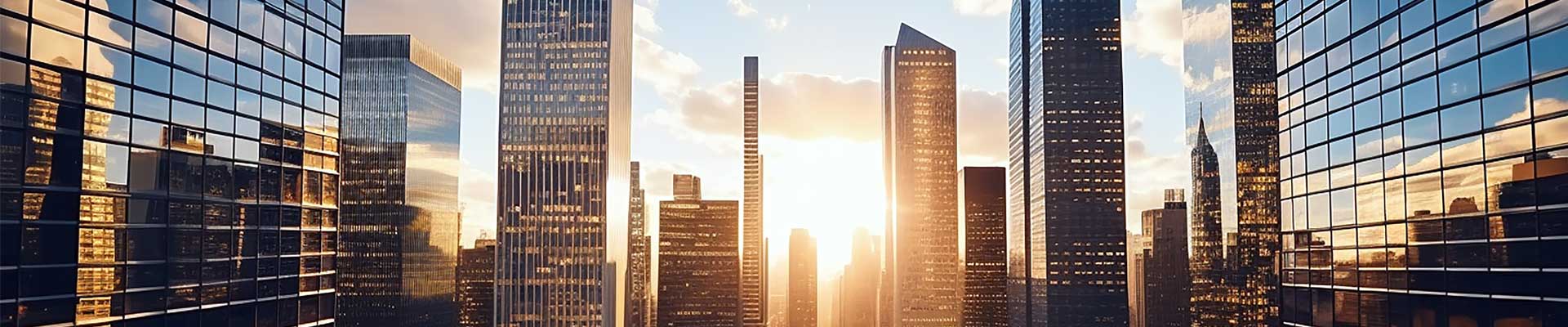 Aerial view of reflective skyscraper buildings. Business office center in the big city, high rise building covered in glass window.