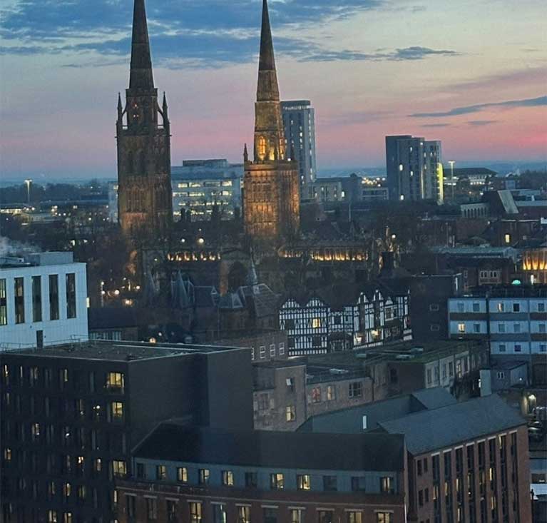 Picture of Coventry spires at night taken by a MSc Student at night