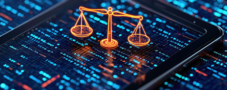 A digital representation of justice, featuring scales of justice on a tech-themed background, highlighting the intersection of law and technology.