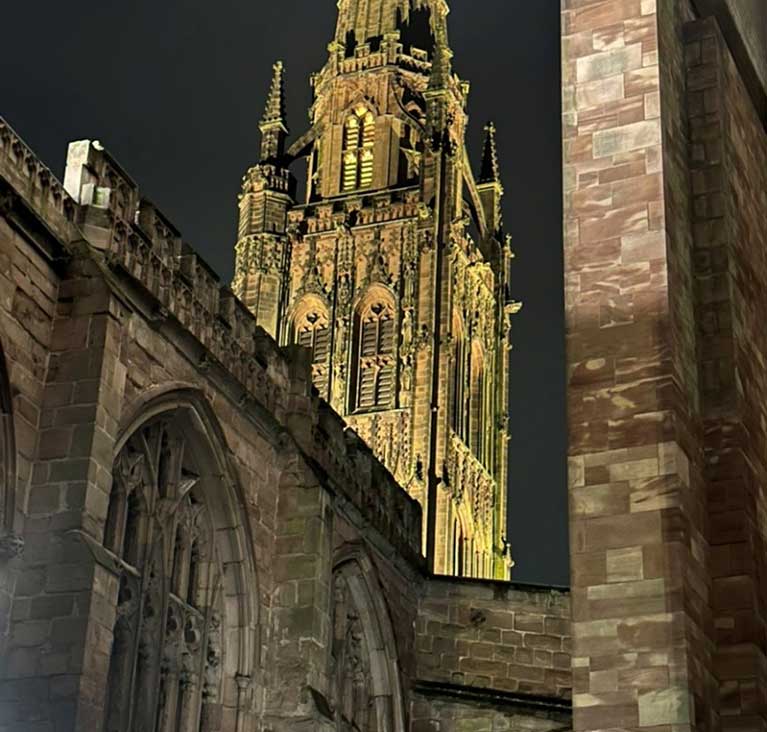 picture of Coventry Cathedral tower at night taken by a University student