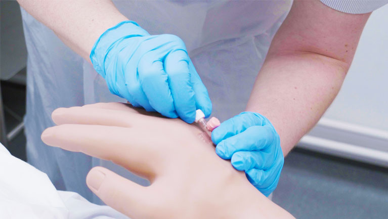 attaching a Luer lock connector to a dummy hand by a trainee nursing associate at coventry university