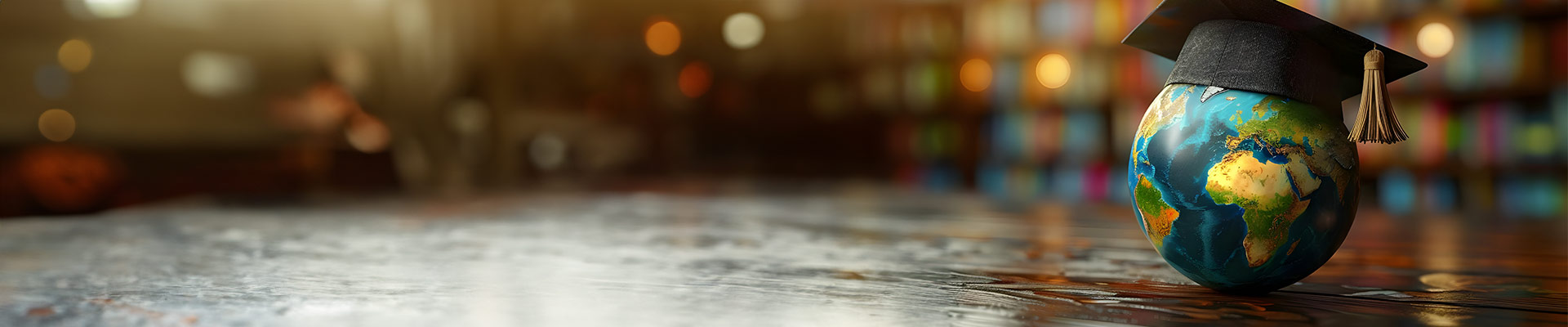 A globe with a graduation hat and library book shelves in the background