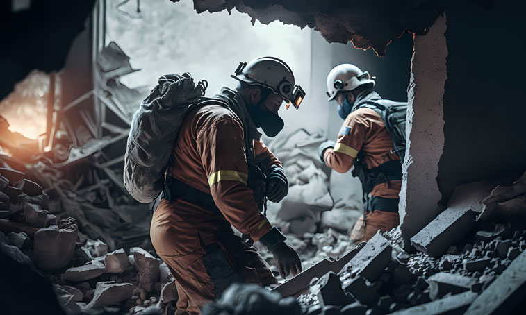 Rescue service man in helmet clears rubble of house after natural disaster. Concept Earthquake