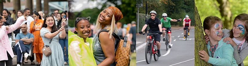 A montage of images showing people cycling and children in a woods with face painting