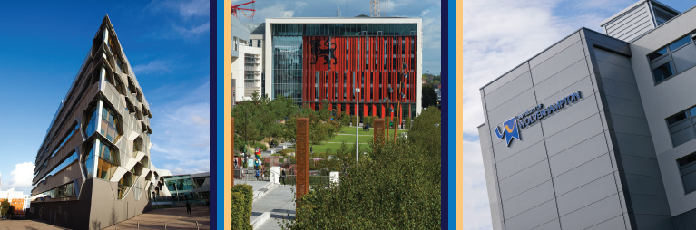three images of Coventry University buildings