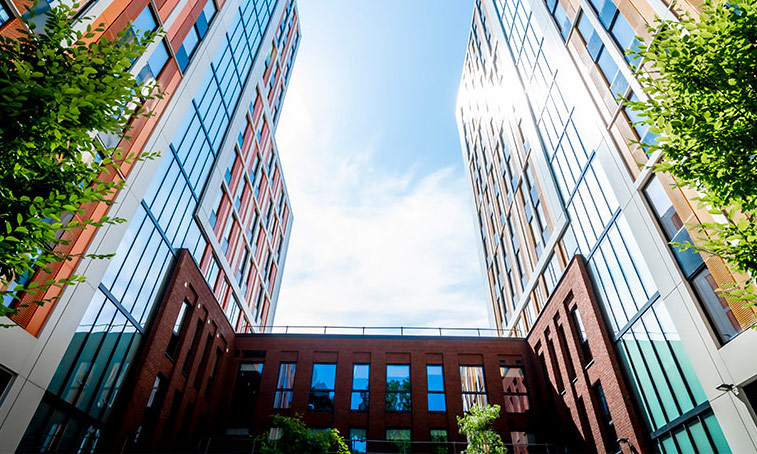looking up at the Bishop Gate building