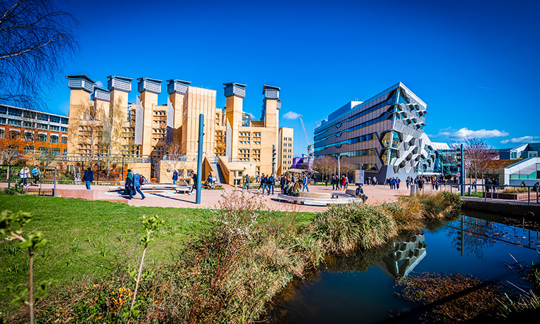 A landscape view of the library and the engineering building.