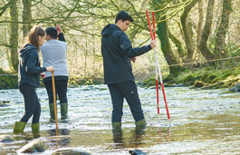 Geography students conducting measurements in a river