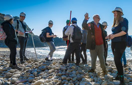 Students on a rocky beach on a sunny day 