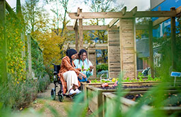 Two students in an allotment, one person in a wheelchair and the other sitting on the wooden frame around the vegetable patches