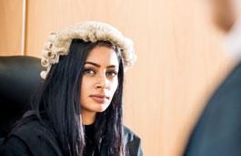 student using the mock courtroom