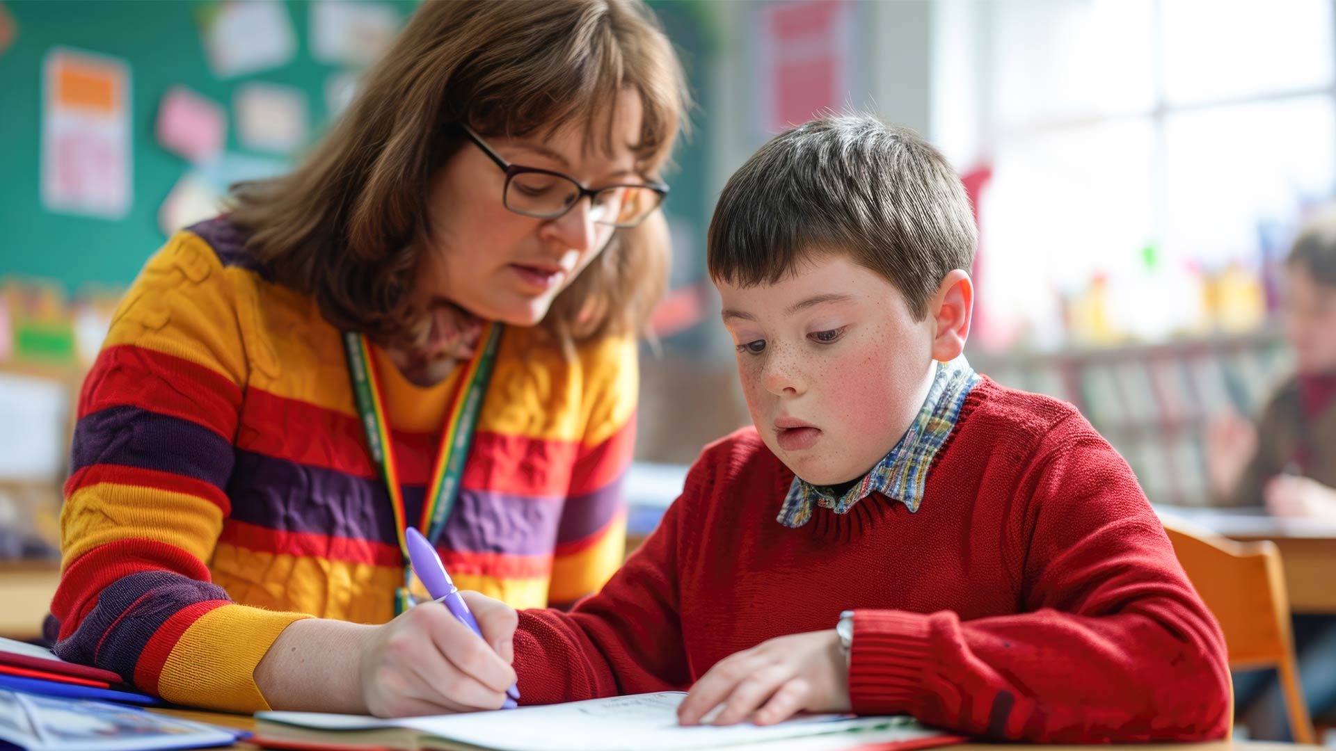 A teacher in a colourful jumper assisting a boy with Down syndrome in a red school uniform in a classroom.