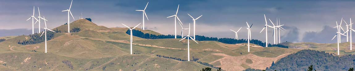 windfarm in the distance on hills and a grey sky in the background