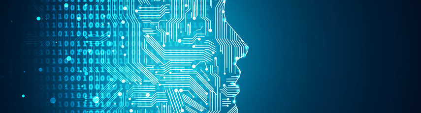 AI blue side view of a robots face illustration made out of lines, dots and numbers