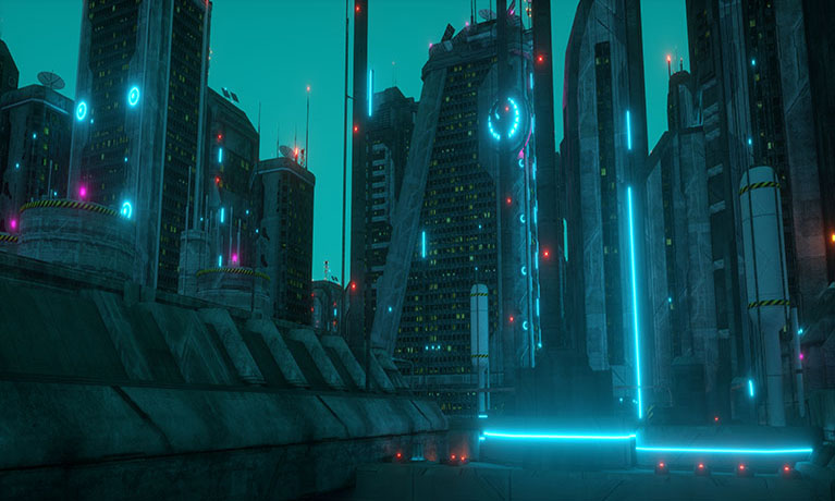 Futuristic skyscraper buildings with blue lights