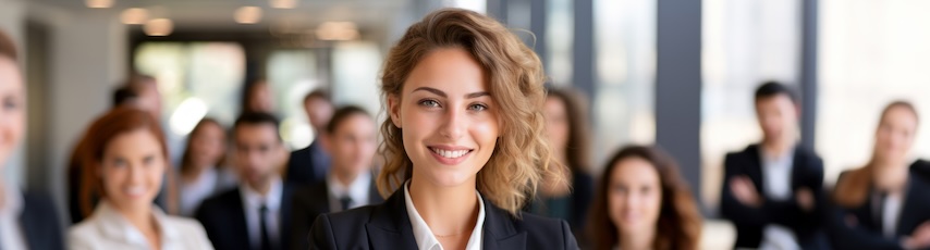 Female Manager in suit standing among her team in the office workplace