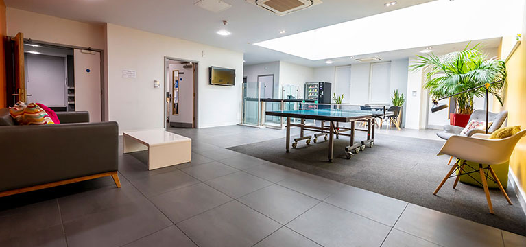 Communal area with a glass ping pong table, sofas and chairs and a large green plant