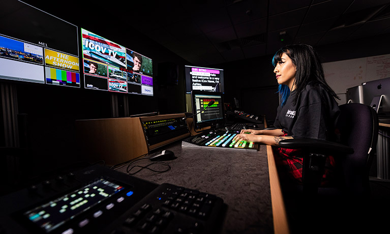 A student using recording equipment