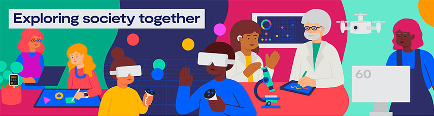 illustration of diverse community with Exploring society together written on top