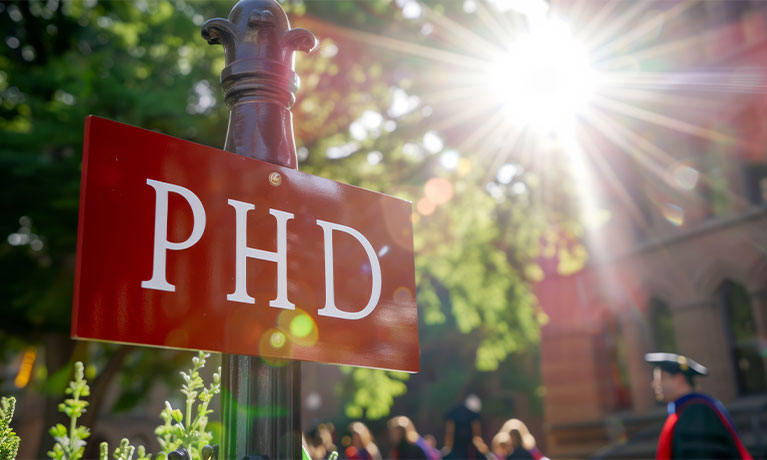 Sign with PHD on it against a leafy background