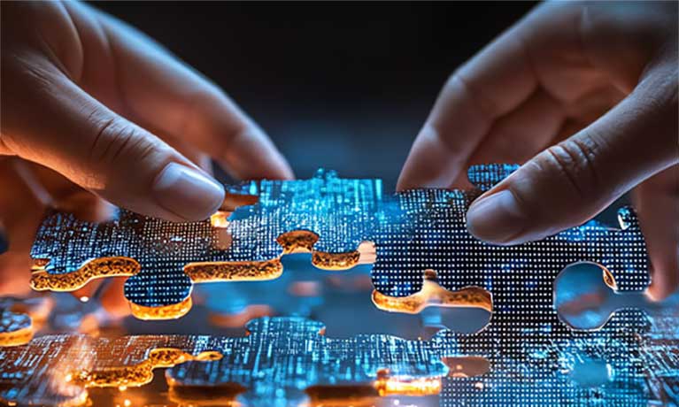 Close up of hands making a lit up jigsaw