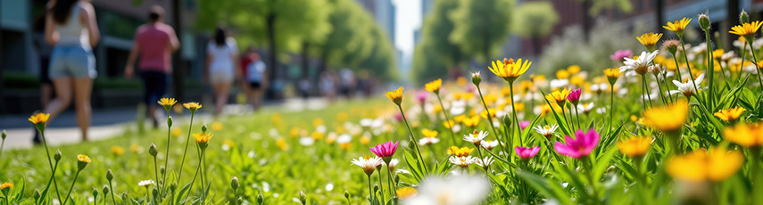 Colourful urban plants along the side of a path with people walking on