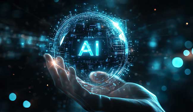 Hand holding a glowing AI sphere