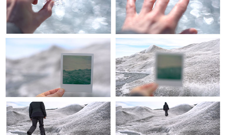 Image collage of hands, polaroids and a person walking