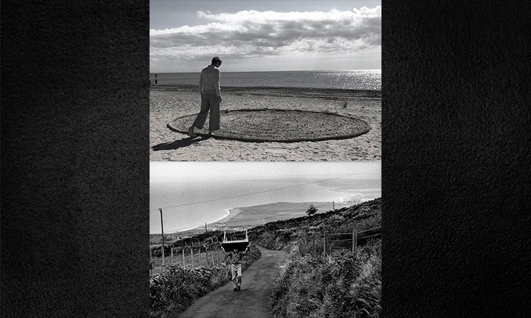 Black and white photos of people walking