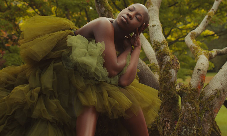 Woman in a green dress sitting on a tree