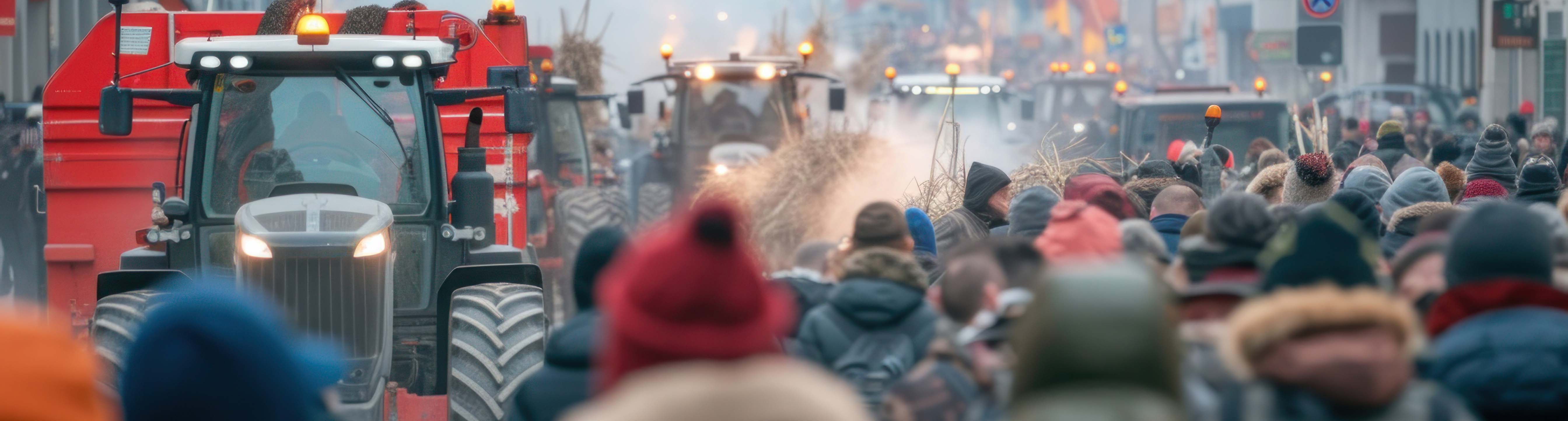 Tractors driving down a street and crowds of people walking alongside with their backs to the camera