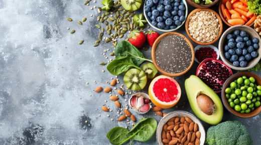 Colourful fruit and vegetables on a grey background