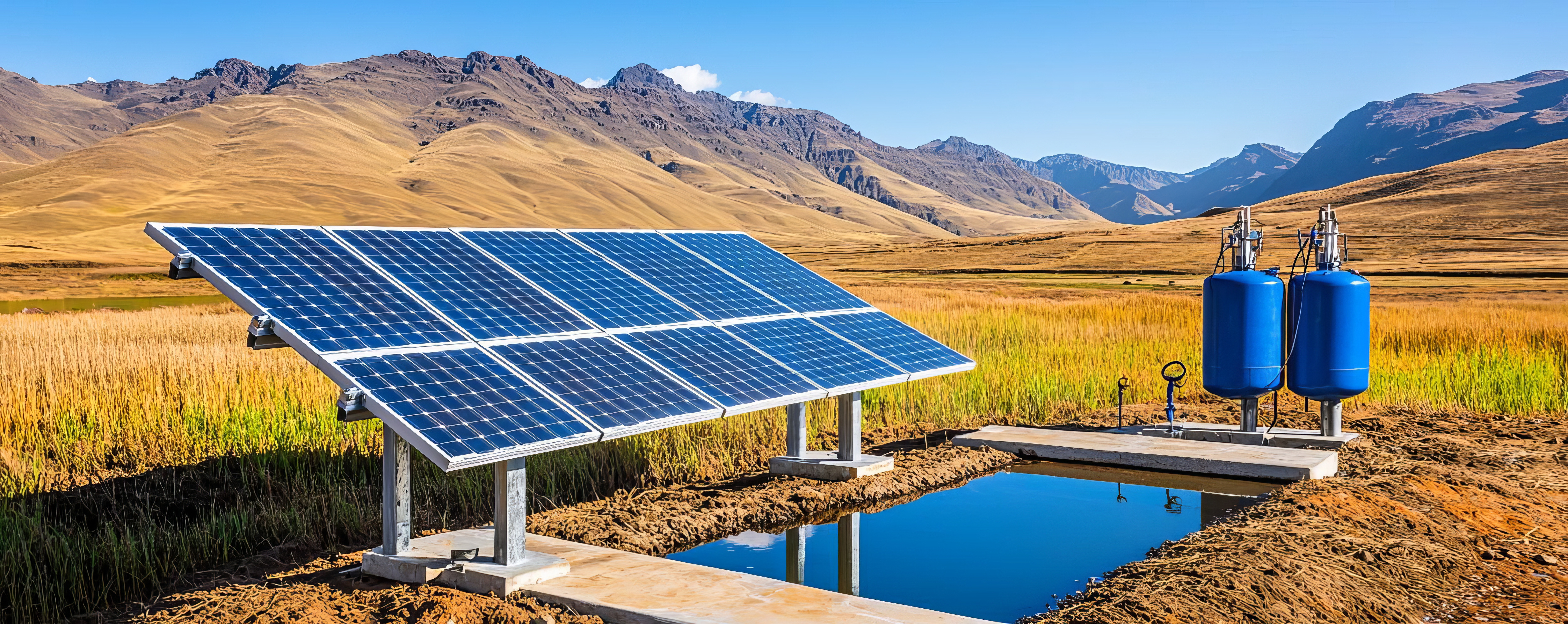 Solar panels in a field with mountains in the background