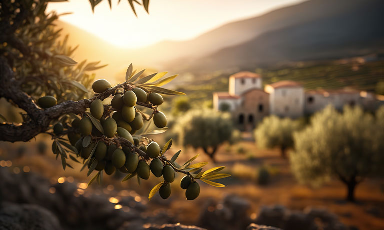 Olive tree in front of medieval town