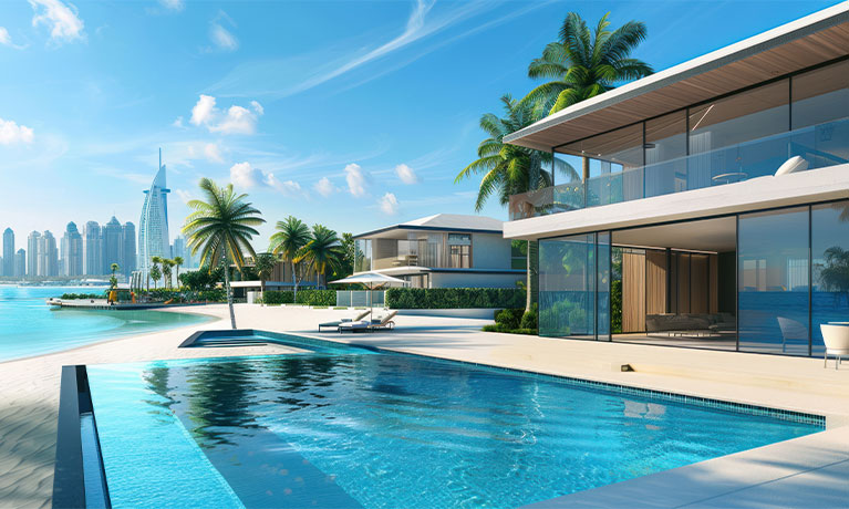 Dubai luxury villas real estate on The Palm Jumeirah artificial island panorama