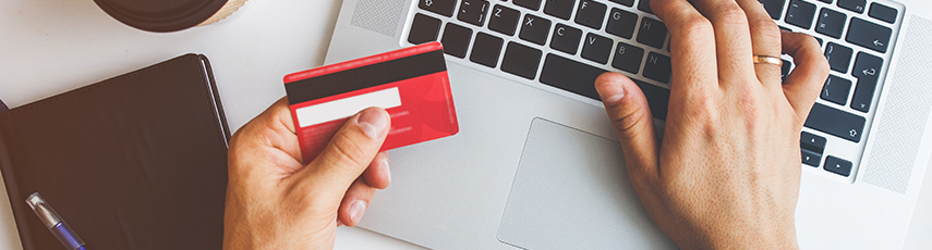 A person holding a credit card and typing on a laptop