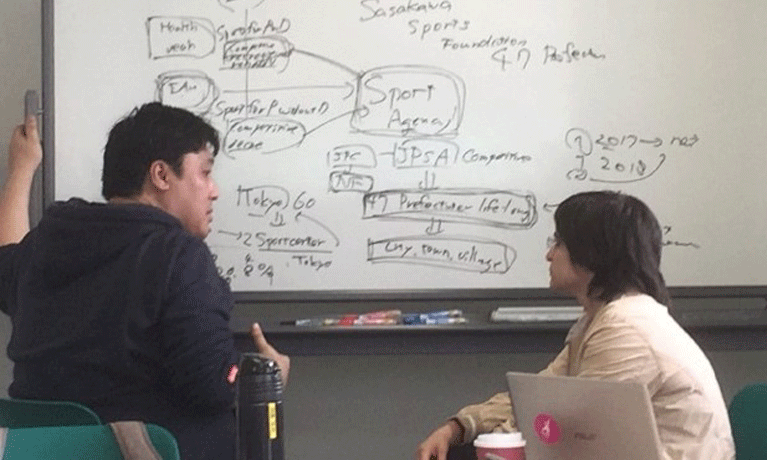 Two males working together on whiteboard.