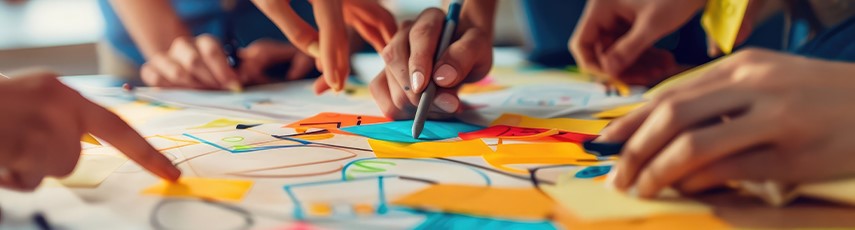 the hands of a group of workers using post-it notes to write on