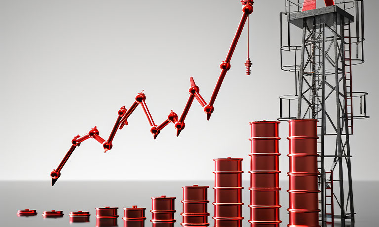 Red oil derrick pumping oil into barrels, with an upward trend line.