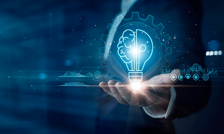 Businessman holding half of abstract light bulb and brain on dark blue