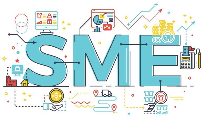 letters SME surrounded by animated computer, bar chart and truck