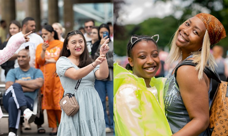 A composite of two images featuring diverse people