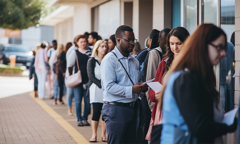 people queing outside a health facility