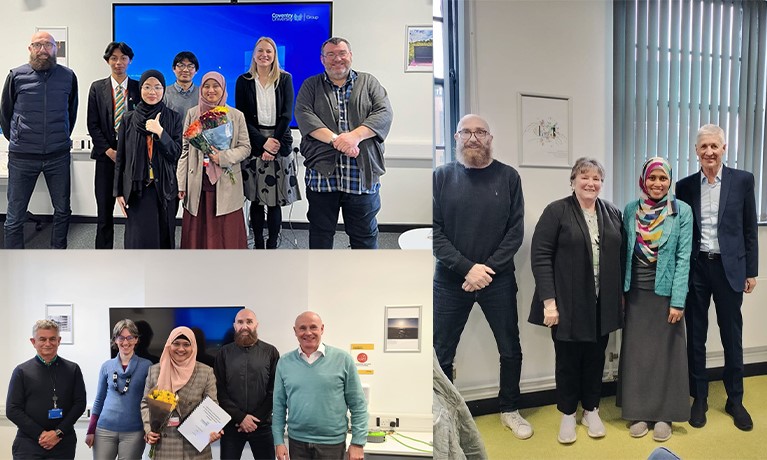 Photo composite of the three doctoral students standing with their supervisors and research team